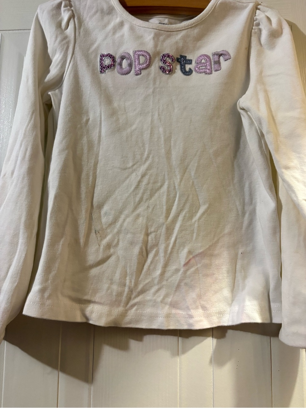 Gymboree White Long-Sleeve "Pop Star" Tee with Pink & Purple Appliqué
